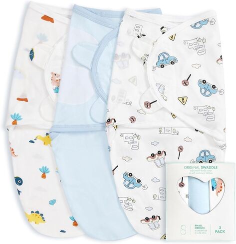 Wowelife Velcro Baby Boy Swaddles, 3-Pack Newborn Swaddle Sacks, 100% Cotton Baby Blanket, Swaddles for Newborns, Baby Swaddles 0-3 Months, Infant Blankets for Baby Boy Essentials for Newborn, Blue in Kuwait