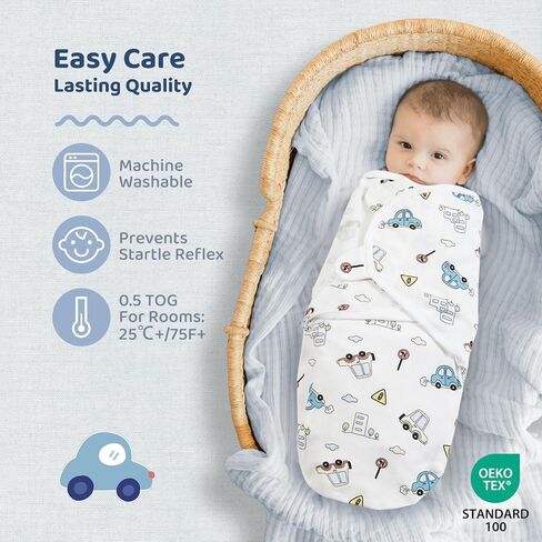 Wowelife Velcro Baby Boy Swaddles, 3-Pack Newborn Swaddle Sacks, 100% Cotton Baby Blanket, Swaddles for Newborns, Baby Swaddles 0-3 Months, Infant Blankets for Baby Boy Essentials for Newborn, Blue in Kuwait