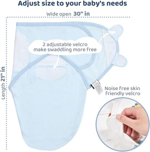 Wowelife Velcro Baby Boy Swaddles, 3-Pack Newborn Swaddle Sacks, 100% Cotton Baby Blanket, Swaddles for Newborns, Baby Swaddles 0-3 Months, Infant Blankets for Baby Boy Essentials for Newborn, Blue in Kuwait