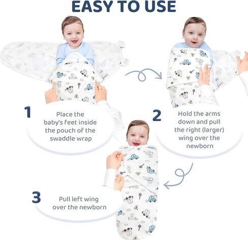 Wowelife Velcro Baby Boy Swaddles, 3-Pack Newborn Swaddle Sacks, 100% Cotton Baby Blanket, Swaddles for Newborns, Baby Swaddles 0-3 Months, Infant Blankets for Baby Boy Essentials for Newborn, Blue in Kuwait