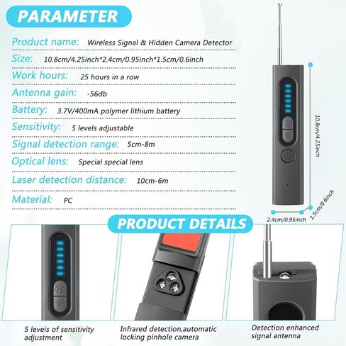 Hidden Camera Detectors, Listening Device Detector, GPS Tracker Detector, Anti-Spy Detector, Bug Detector Electronic Sweeper, RF Signal Detector, 5 Levels Sensitivity 4 Modes, 30H Working Time in Saudi Arabia