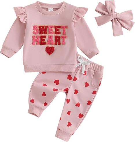DuAnyozu Baby Girl Valentines Day Outfit Winter Clothes Heart Print Long Sleeve Sweatshirts Pants Toddler Infant Clothing in Saudi Arabia