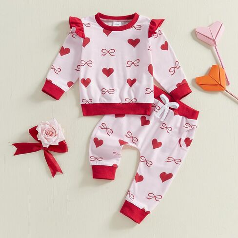 Baby Girl Valentines Outfit Heart Print Long Sleeve Sweatshirts Pants Toddler Clothing Infant Spring Clothes Set in Saudi Arabia