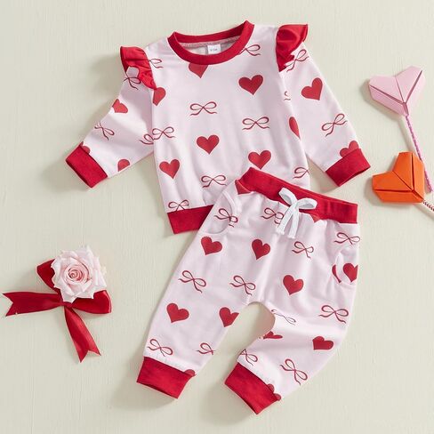 Baby Girl Valentines Outfit Heart Print Long Sleeve Sweatshirts Pants Toddler Clothing Infant Spring Clothes Set in Saudi Arabia