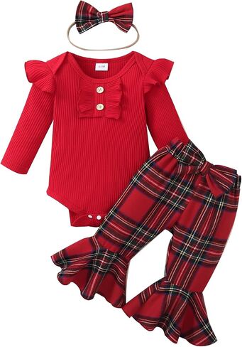Baby Girl Christmas Ouftis Ribbed Long Sleeve Romper with Plaid Flare Pants and Headband Outfit in Kuwait