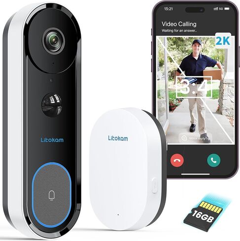 كاميرا جرس باب فيديو litokam 2K، كاميرا جرس باب تعمل بالبطارية لاسلكية مع رنين، نسبة 3:4 من الرأس إلى أخمص القدمين، رؤية واسعة للغاية 170 درجة، واي فاي 2.4 جيجا هرتز، بدون اشتراك، اكتشاف AI وPIR، مغير الصوت in Kuwait