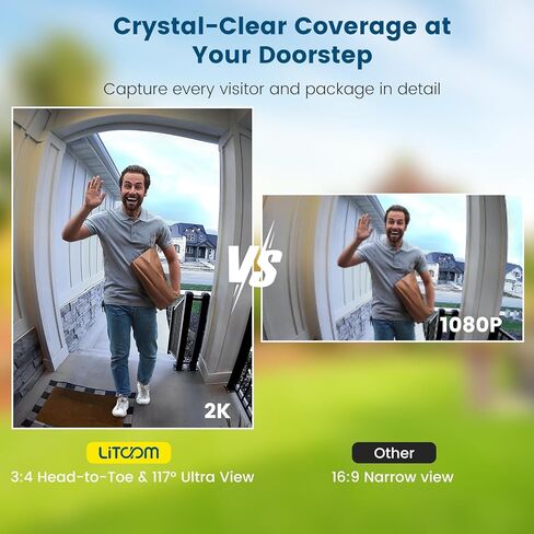 كاميرا جرس باب فيديو litokam 2K، كاميرا جرس باب تعمل بالبطارية لاسلكية مع رنين، نسبة 3:4 من الرأس إلى أخمص القدمين، رؤية واسعة للغاية 170 درجة، واي فاي 2.4 جيجا هرتز، بدون اشتراك، اكتشاف AI وPIR، مغير الصوت in Kuwait