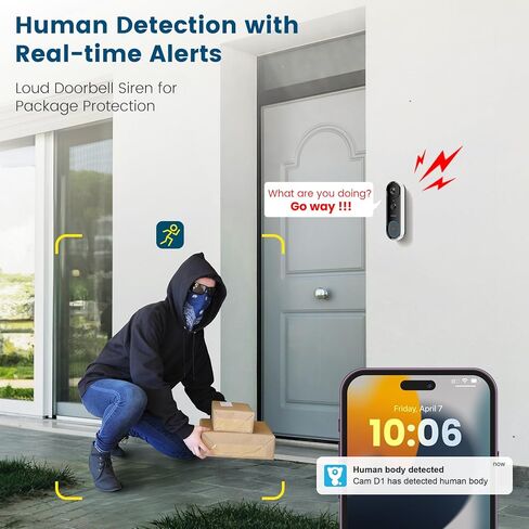 كاميرا جرس باب فيديو litokam 2K، كاميرا جرس باب تعمل بالبطارية لاسلكية مع رنين، نسبة 3:4 من الرأس إلى أخمص القدمين، رؤية واسعة للغاية 170 درجة، واي فاي 2.4 جيجا هرتز، بدون اشتراك، اكتشاف AI وPIR، مغير الصوت in Kuwait