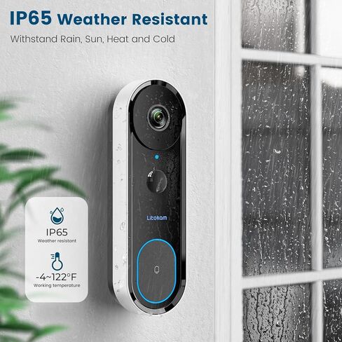 كاميرا جرس باب فيديو litokam 2K، كاميرا جرس باب تعمل بالبطارية لاسلكية مع رنين، نسبة 3:4 من الرأس إلى أخمص القدمين، رؤية واسعة للغاية 170 درجة، واي فاي 2.4 جيجا هرتز، بدون اشتراك، اكتشاف AI وPIR، مغير الصوت in Kuwait