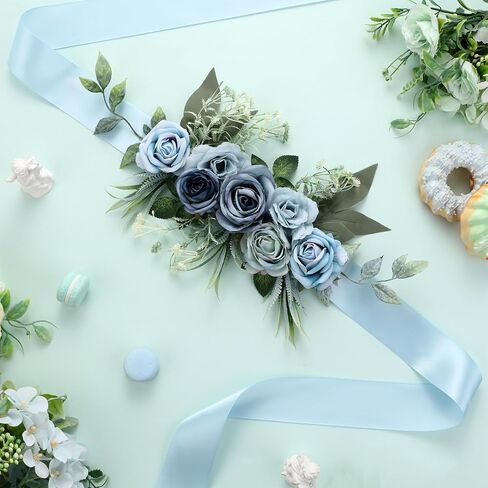 Baby in Bloom Baby Shower Maternity Sash Kit - Blue Baby Shower Belly Belt and Mom to Be & Dad to Be Corsage Pins, New Parents Pregnancy Photo Props Party Supplies in Saudi Arabia