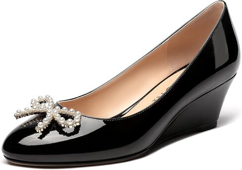MERRORI Women's Pumps Wedge Low Heels Pumps Patent Slip On Rhinestones Bow Round Toe Shoes 2 Inch in Kuwait