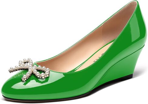 MERRORI Women's Pumps Wedge Low Heels Pumps Patent Slip On Rhinestones Bow Round Toe Shoes 2 Inch in Kuwait