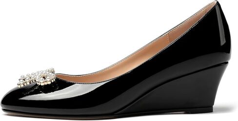 MERRORI Women's Pumps Wedge Low Heels Pumps Patent Slip On Rhinestones Bow Round Toe Shoes 2 Inch in Kuwait