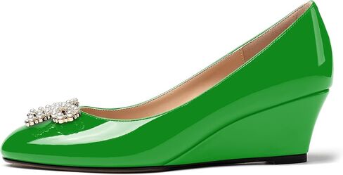 MERRORI Women's Pumps Wedge Low Heels Pumps Patent Slip On Rhinestones Bow Round Toe Shoes 2 Inch in Kuwait