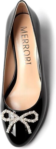 MERRORI Women's Pumps Wedge Low Heels Pumps Patent Slip On Rhinestones Bow Round Toe Shoes 2 Inch in Kuwait