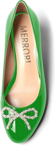 MERRORI Women's Pumps Wedge Low Heels Pumps Patent Slip On Rhinestones Bow Round Toe Shoes 2 Inch in Kuwait