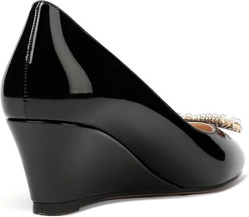 MERRORI Women's Pumps Wedge Low Heels Pumps Patent Slip On Rhinestones Bow Round Toe Shoes 2 Inch in Kuwait