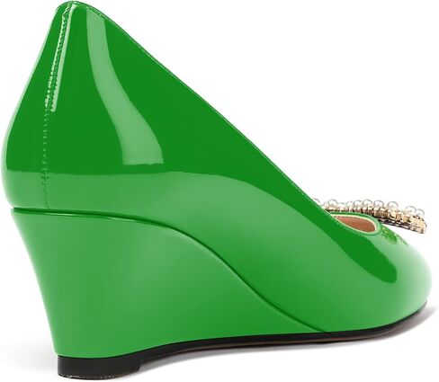 MERRORI Women's Pumps Wedge Low Heels Pumps Patent Slip On Rhinestones Bow Round Toe Shoes 2 Inch in Kuwait
