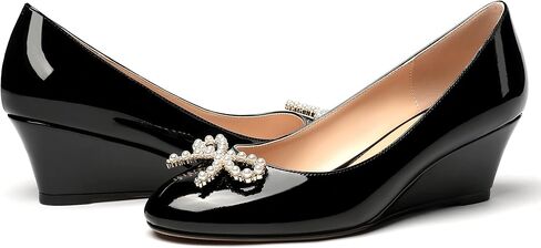 MERRORI Women's Pumps Wedge Low Heels Pumps Patent Slip On Rhinestones Bow Round Toe Shoes 2 Inch in Kuwait