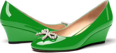 MERRORI Women's Pumps Wedge Low Heels Pumps Patent Slip On Rhinestones Bow Round Toe Shoes 2 Inch in Kuwait
