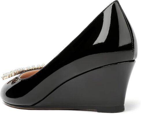 MERRORI Women's Pumps Wedge Low Heels Pumps Patent Slip On Rhinestones Bow Round Toe Shoes 2 Inch in Kuwait