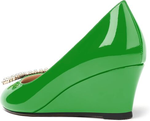 MERRORI Women's Pumps Wedge Low Heels Pumps Patent Slip On Rhinestones Bow Round Toe Shoes 2 Inch in Kuwait