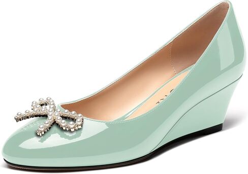 MERRORI Women's Pumps Wedge Low Heels Pumps Patent Slip On Rhinestones Bow Round Toe Shoes 2 Inch in Kuwait