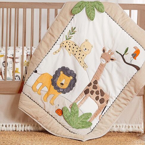 Levtex Baby - طقم سرير أطفال زوما - مجموعة حضانة الأطفال - الغابة - رمادي داكن، أخضر، بني، كريمي - حيوانات الغابة - مجموعة مكونة من 4 قطع تتضمن لحافًا وملاءة جاهزة وملصقًا جداريًا وتنورة سرير/كشكشة غبار in Kuwait