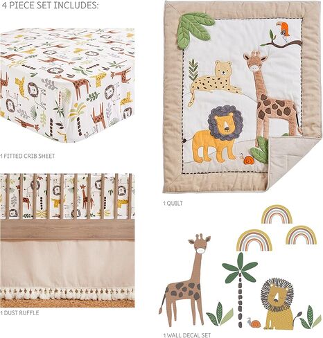Levtex Baby - طقم سرير أطفال زوما - مجموعة حضانة الأطفال - الغابة - رمادي داكن، أخضر، بني، كريمي - حيوانات الغابة - مجموعة مكونة من 4 قطع تتضمن لحافًا وملاءة جاهزة وملصقًا جداريًا وتنورة سرير/كشكشة غبار in Kuwait