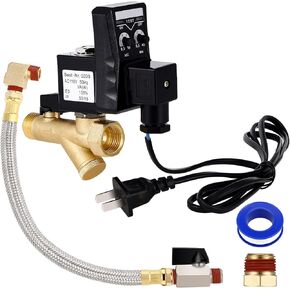 Electronic Drain Valve and Tank Drain Valve Assembly Kit with Braided Steel Hose 1/4 Inch NPT Drain Valve Elbow Fitting and AC 110V 1/2" Automatic Timed Water Tank (Integrated,6 Pcs)