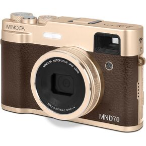 Minolta MND70 Retro 48 MP Autofocus Digital Camera with 5K Ultra HD Video, Rear Selfie Lens & WiFi, Gold
