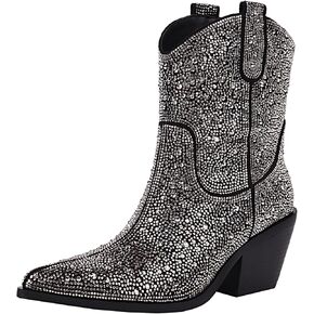 vivianly Rhinestone Cowboy Boots for Women Western Glitter Ankle Boots Cowgirl Boots, Women's Mid Calf Sparkling Diamond Boots Pointed Toe Chunky Heel Boots
