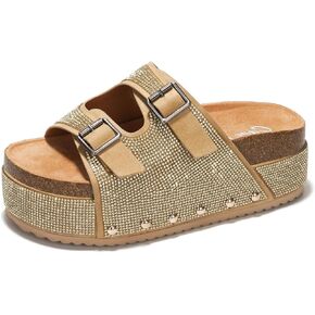 Cape Robbin Karolina Elegant Women Sandals, Glamorous Rhinestone Women’s Sandals, 3-inch Platform Slides for Women, Buckle Decor Platform Sandals Women