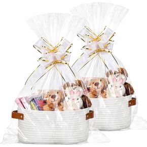 Colingmill 2 Pack Easter Gift Basket with Handles with Gift Bags Ribbons Woven Baskets Storage Empty Chest Box for Presents Package Wedding(Pink,12 x 8 x 5 Inch)