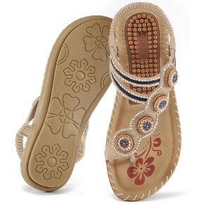 Almusen Sandals for Women Dressy Flat: Comfortable Toe Ring Bohemian Beaded Summer Shoes Orthopedic Elastic Ankle Strap Beach sandal