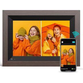 Digital Photo Frame, 10.1 inch AKIYO WiFi Digital Picture Frame HD Touch Screen, 16GB Storage, 1080P Support, for Parents/Family/Friends, Share Pictures and Videos via APP, Wood Effect
