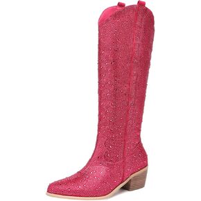 olomisa Rhinestone Boots for Women, Knee High Cowboy Boots Pointed Toe Chunky Heel Sparkly Cowgirl Boots Bling Shoes