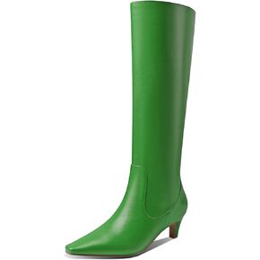 LEMUTISME Women's Fashion Square Toe Matte Leather Solid Color Wide Calf Comfortable Slip On Low Kitten Heel Dress Knee High Boots