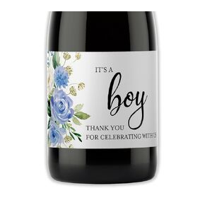 It’s a Boy Mini Champagne Bottle Labels ● SET of 12 ● Blue Floral Baby Shower Mini Champagne Labels, About to POP Thank You for Celebrating with us Favors Baby Shower Reveal WATERPROOF M625-BOY-12