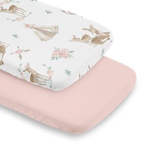 Sweet Jojo Designs Woodland Deer Floral Girl Baby Bassinet Sheets Fitted Sheet Set Infant Newborn Nursery Oval Rectangle Hourglass Mattress 2p Pink Green Boho Bohemian Watercolor Forest Animal Chic