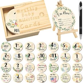 Wesiti 31 Pcs Wooden Baby Monthly Milestone Cards Double Sided Hello World Milestone Discs Pregnancy Journey Birth Announcement Sign Baby Boy and Girl Sets (Vivid)