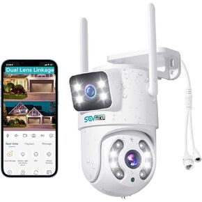 SOVMIKU 【Dual Lens WiFi Security Camera Outdoor, 6MP 2.4G WiFi Pan Tilt Camera with 64GB SD Card, Human Detection, Auto Tracking, Color Night Vision, 24/7 Record 【Plug-in Cable】 No-Monthly Fees