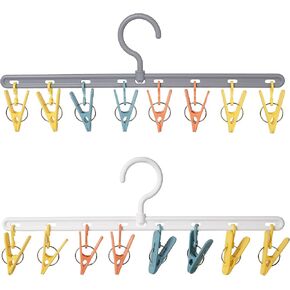 Clothes Hanger with 8 Color Clips 2 Pack Clothes Drying Racks Windproof for Drying Socks Bras Underwears Baby Clothes, Hats Scarfs Towels Pants and Gloves Diaper White Gray