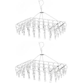 2 Pack Stainless Steel Sock Drying Rack with 80 Clips,360° Rotatable Windproof Hook Clothes Hanger Rack for Sock,Bras,Underwear,Baby Clothes,Hat,Scarf,Pants,Gloves,Towel and Laundry Accessories