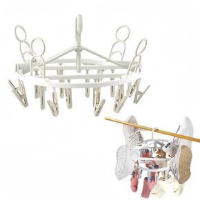 Foldable Laundry Clips for Drying Clothes, 24 clothespins 360° Rotatable Clothes Drying Rack,Plastic drip Hanger Drying Rack for Shoes Socks, Bras, Lingerie, Clothes White