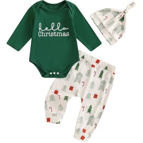Toddler Baby Christmas Outfits Letter Print Long Sleeve Romper Christmas Tree Pattern Pants Hat 3Pcs Cute Clothes