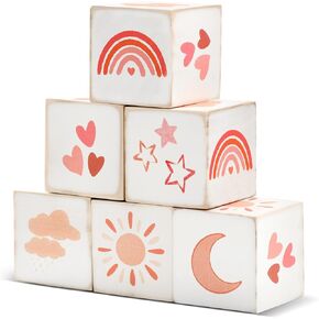 Kigley 6 Pcs Rainbow Nursery Décor for Girls and Boys Nursery Decor Watercolor Shelf Decor Muted Rainbow for Minimalist Nursery - Neutral Moon, Stars, Clouds Baby Blocks for Bedroom Playroom Gifts
