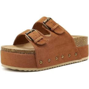 Women's Cork Footbed Flatform Sandals Comfort Platform Slides Sandal with Dual Buckled Straps Open Toe Suede Clogs Fashion Studded Heeled Slippers