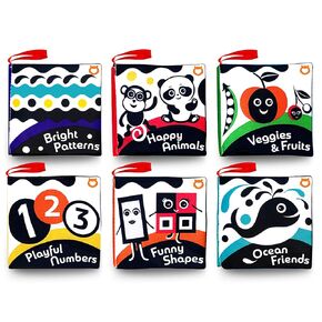 Cloth Books (Set of 6). High Contrast Soft Books. Black and White Images Encourage Infant Development – Suitable for Babies and Toddlers from 3 Months
