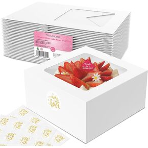 Cake Boxes 8x8x5 Inch 25 Pack with Window, 30 Bonus Sticker, Auto Popup, Extra Thick, Oil Resistant, Ideal for Cookie, Pie, Treat, Pastry, Bakery,For Home Cooker and Restaurant, White